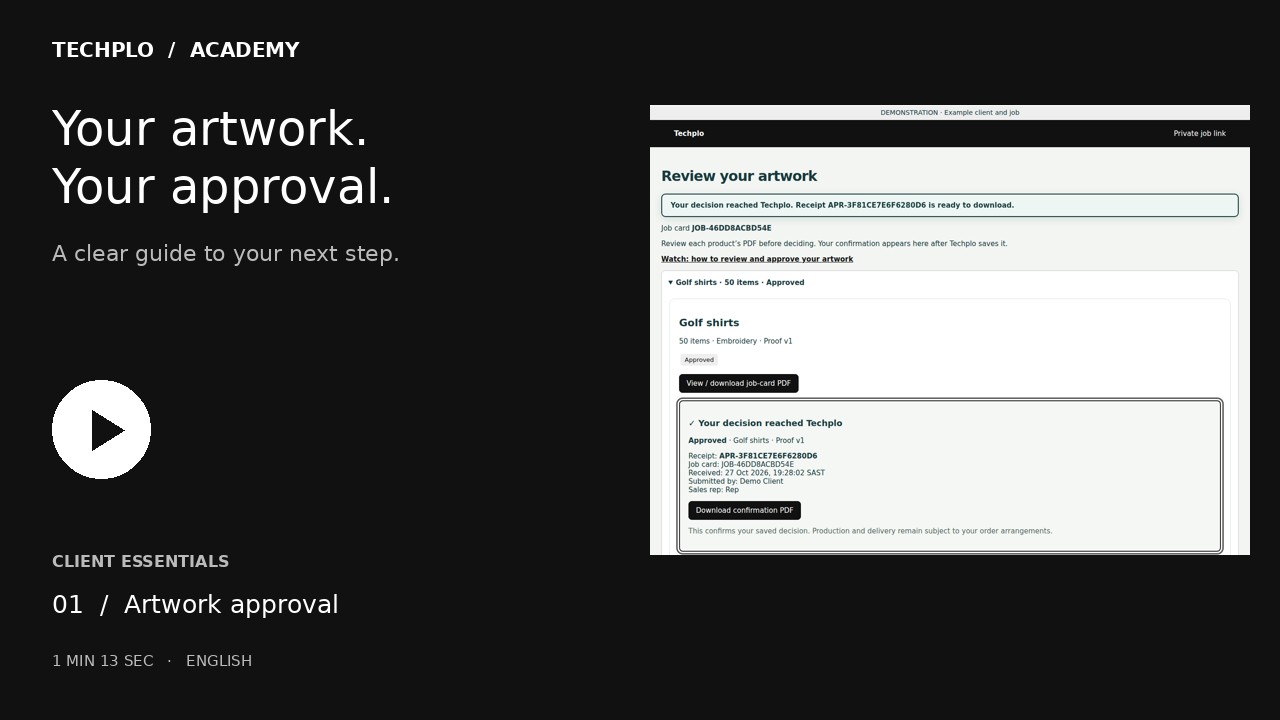 Artwork approval tutorial showing an example Techplo job card and confirmation receipt